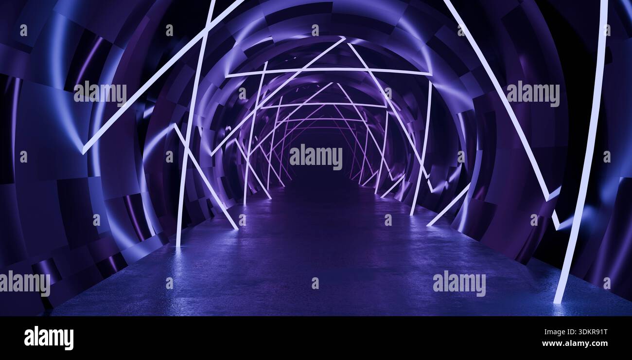 Rendu 3D tunnel géométrique néon violet Banque D'Images