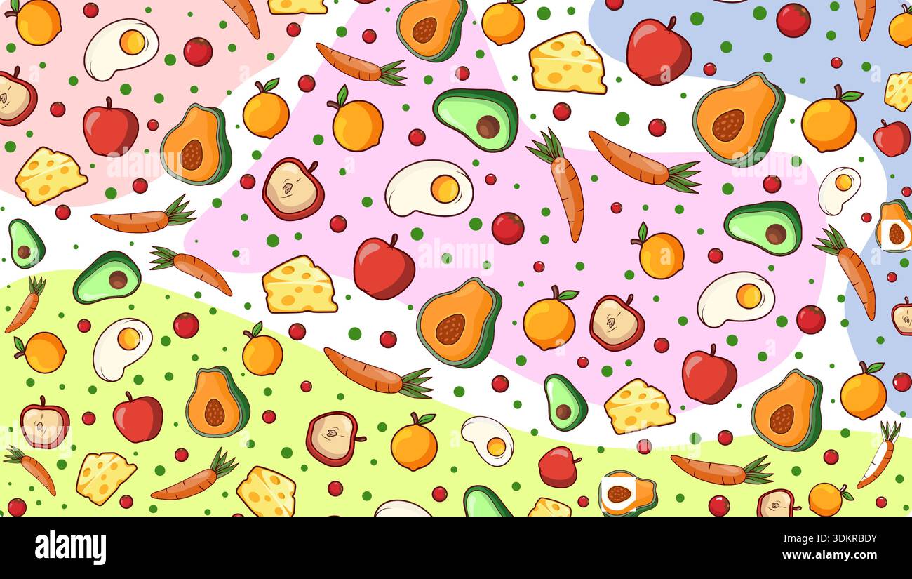 Modèle alimentaire sain sans couture avec avocat, œuf, fromage et légumes. Illustration vectorielle colorée des ingrédients biologiques et des produits frais Illustration de Vecteur