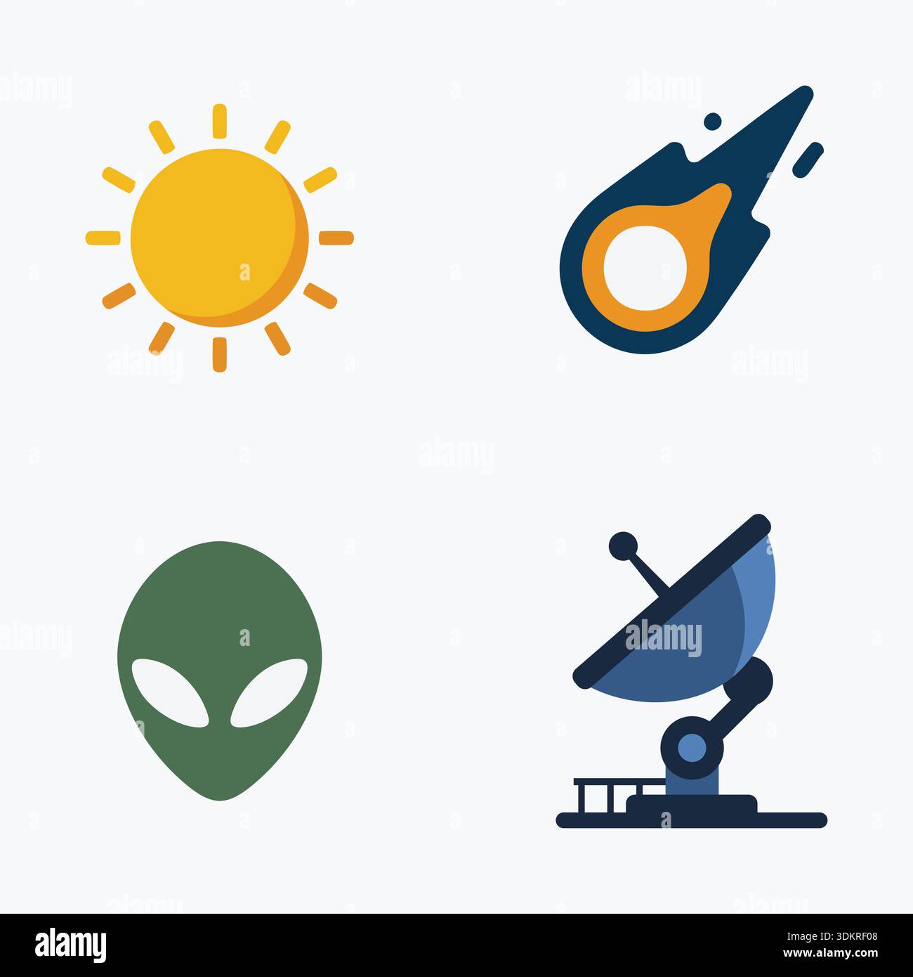 Une illustration épurée et minimaliste avec quatre icônes sur le thème de l'espace : un soleil brillant, une comète volante, une tête extraterrestre et une antenne parabolique, représentant AS Illustration de Vecteur
