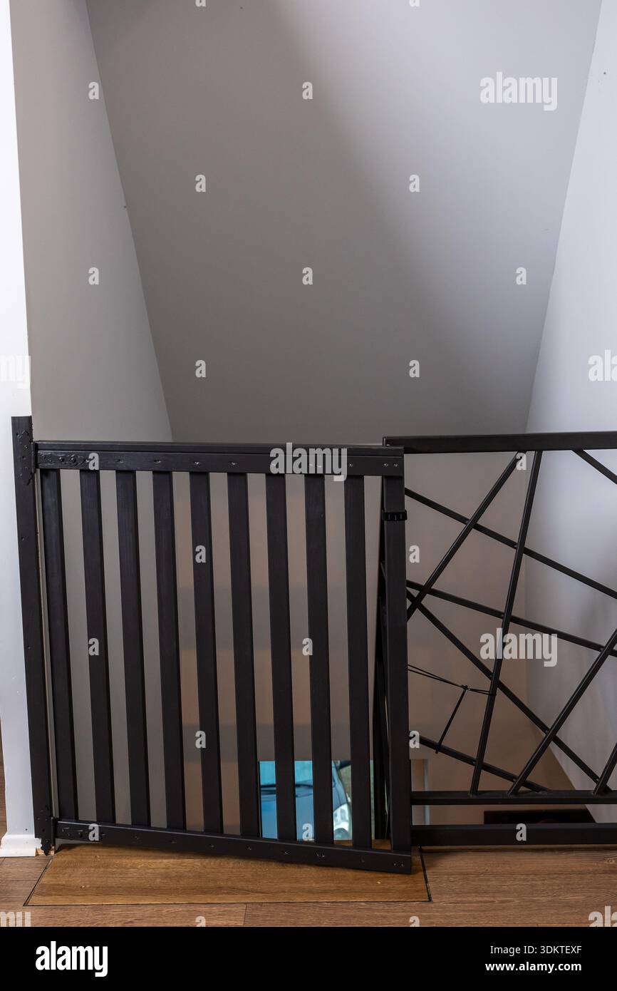 Escalier contemporain avec barrière de sécurité en métal noir, lattes verticales et motifs géométriques, murs gris clair et parquet aux tons chauds. Banque D'Images