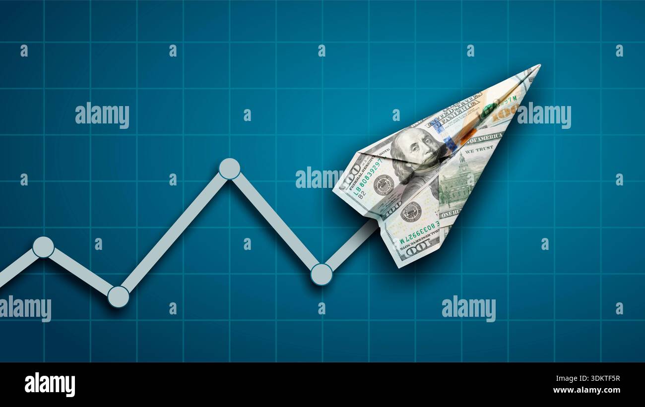 Tendance à la hausse : graphique à la hausse avec graphique et note en dollar américain comme flèche Banque D'Images