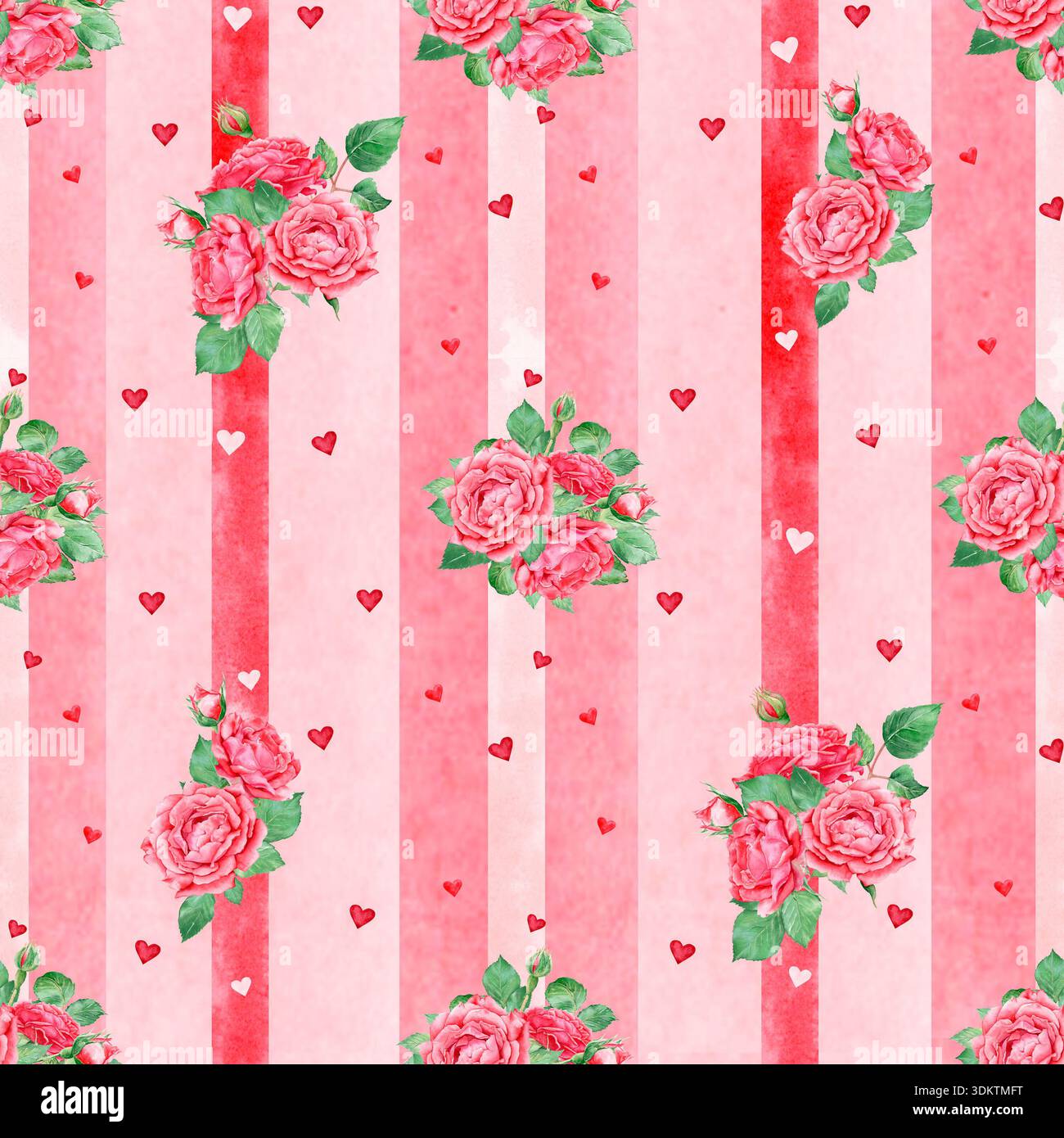 Modèle sans couture avec bouquet de roses aquarelle et coeurs sur un fond rayé. Texture romantique Shabby Chic pour tissu et papeterie. Banque D'Images