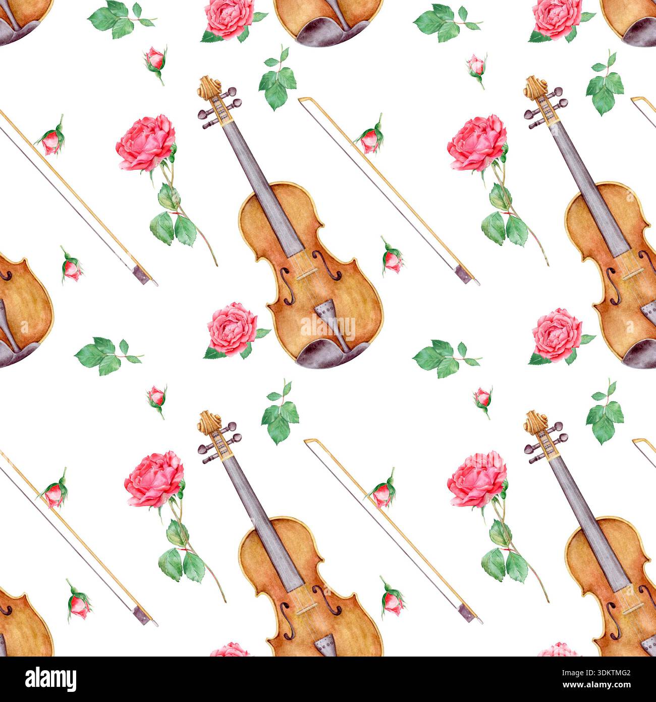 Modèle sans couture avec violons aquarelle peints à la main, roses rouges et feuilles vertes. Fond romantique vintage pour tissu et papier d'emballage Banque D'Images