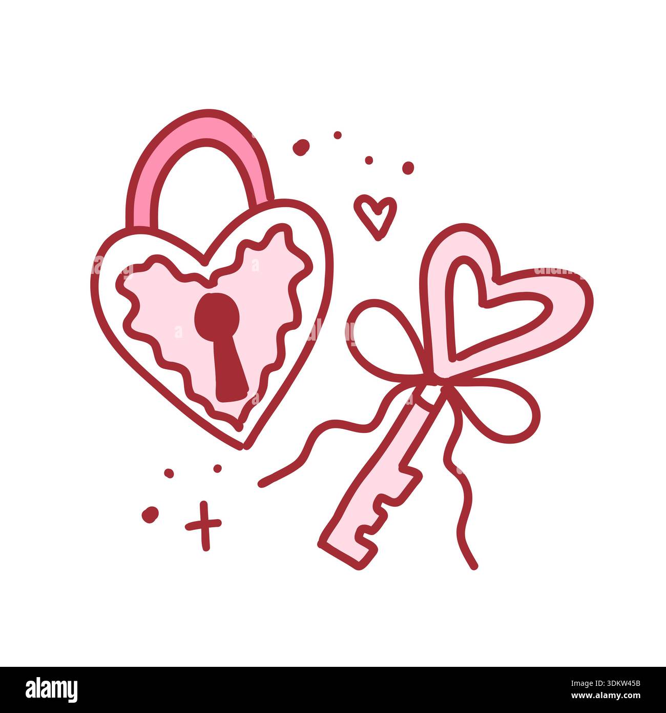 Coquette en forme de coeur serrure et clé, élément dessiné à la main mignon. Illustration vectorielle dans le style doodle Illustration de Vecteur