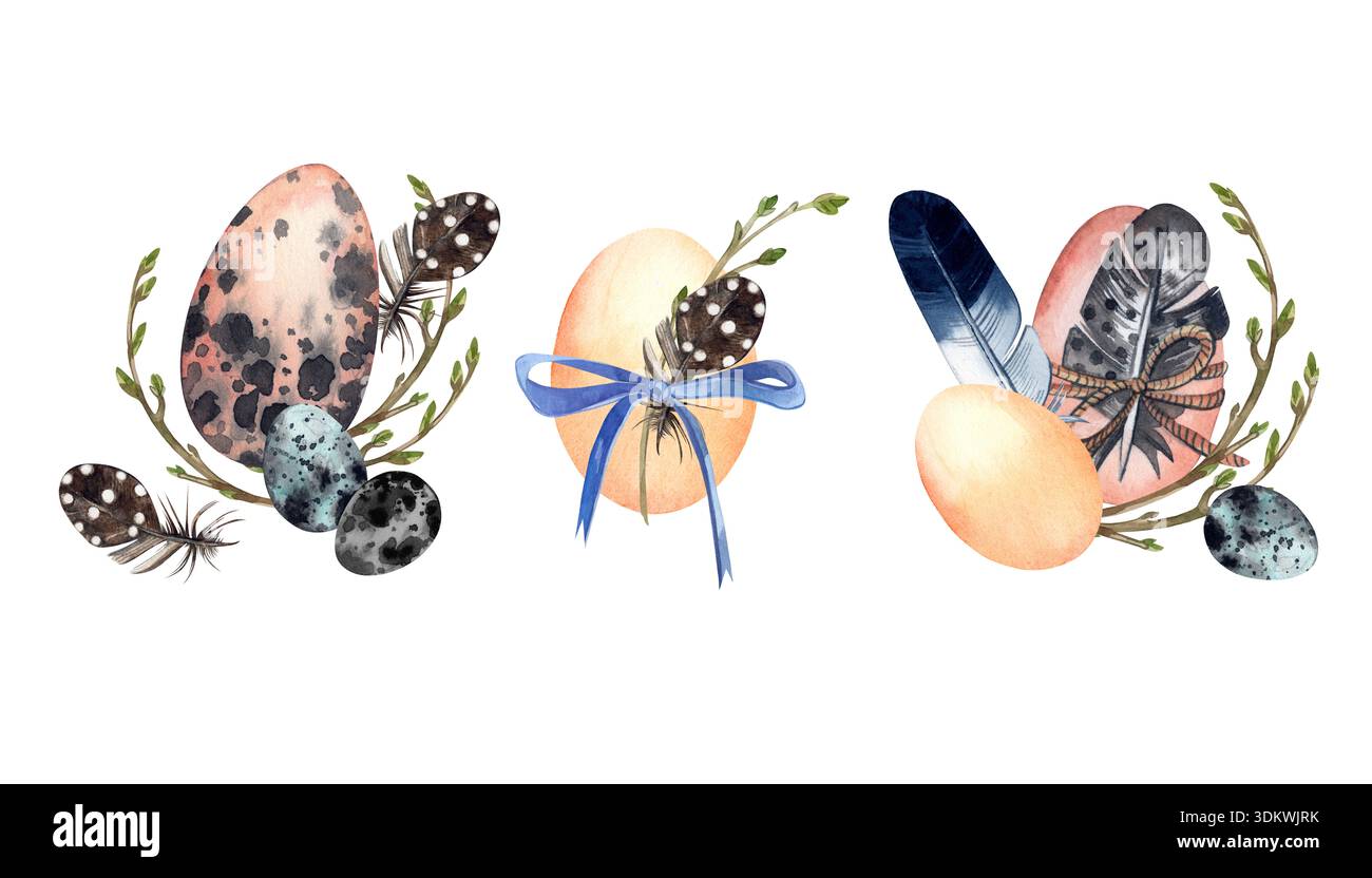 Un ensemble d'arrangements d'oeufs de Pâques à l'aquarelle avec des plumes, des arcs et des pousses de printemps. Tous les objets sont peints à la main à l'aquarelle pour une salutation de Pâques Banque D'Images