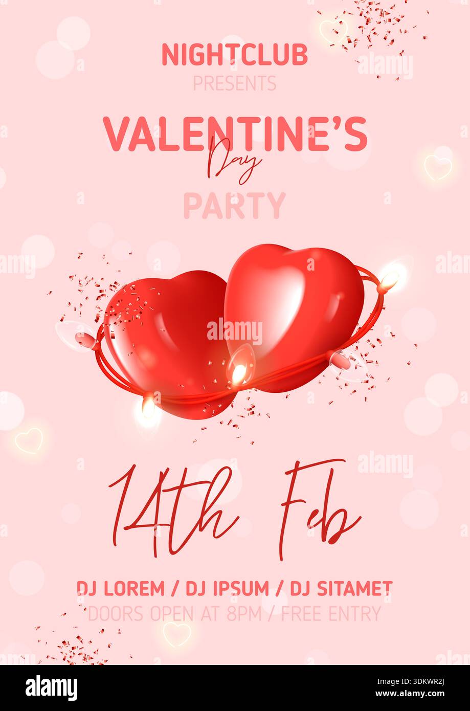 Affiche de fête de la Saint Valentin. Illustration vectorielle avec paire de coeurs roses, coeurs néon, guirlande scintillante et confettis. Composition 3d pour Vale Banque D'Images