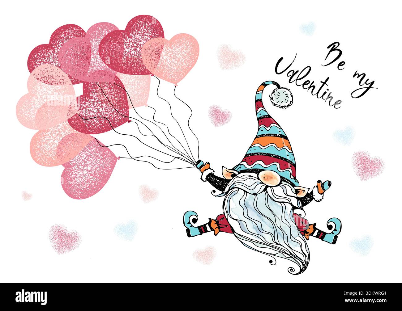 Carte de Saint-Valentin avec un gnome mignon avec des ballons en forme de coeurs . Vecteur. Banque D'Images