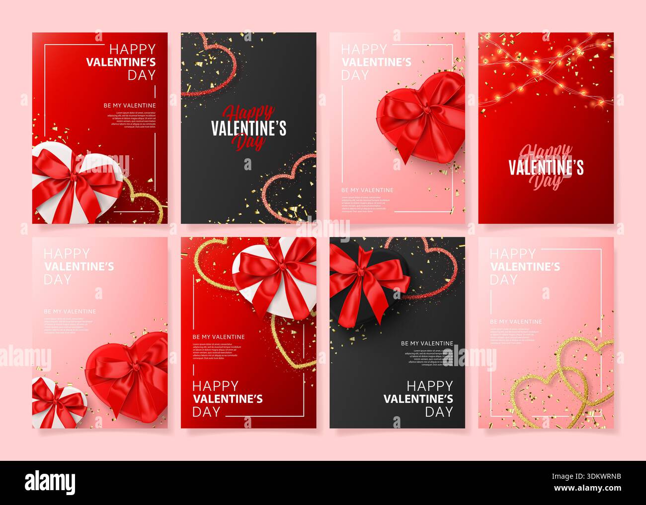 Ensemble d'affiches de bonne Saint Valentin. Illustration vectorielle avec des attributs et des symboles réalistes de la Saint-Valentin. Conception de brochures pour les flyers promotionnels ou Banque D'Images
