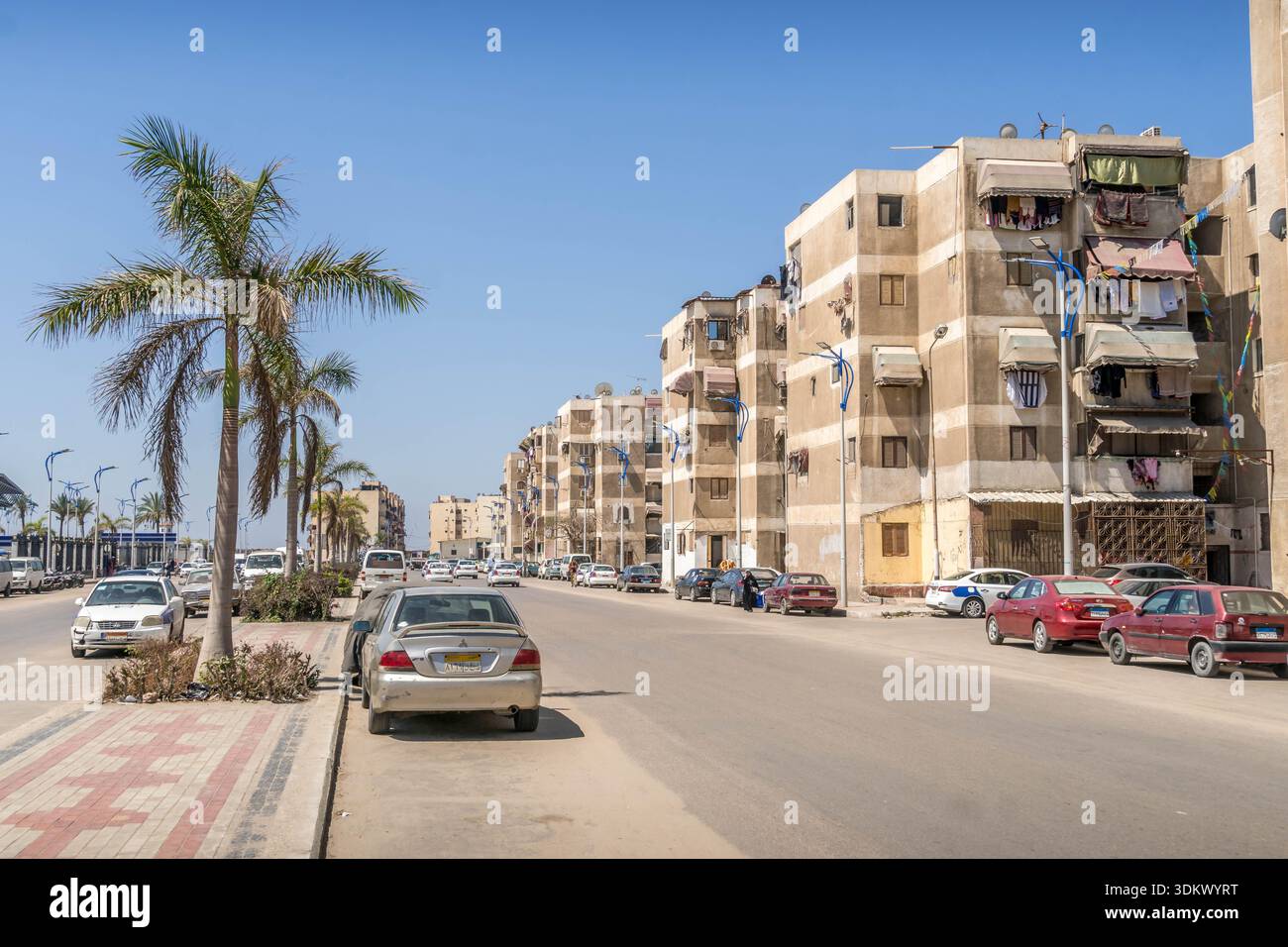 Palmiers et autoroute en bord de mer dans la ville égyptienne de Port Saïd près de Suez et de la péninsule du Sinaï. Banque D'Images