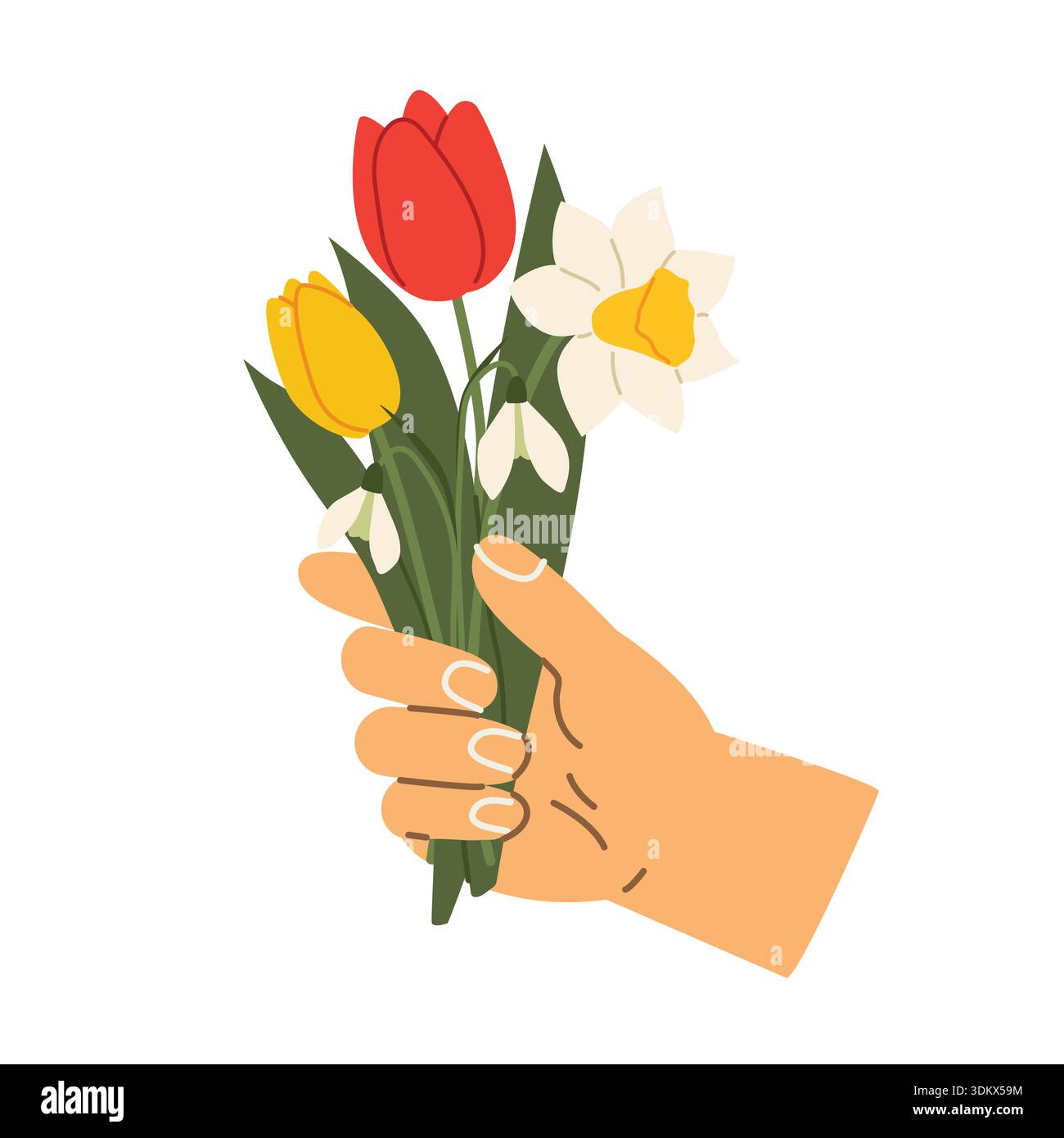 main tenant bouquet de tulipes, jonquille et gouttes de neige comme symbole de la fraîcheur et de l'élégance du printemps, illustration vectorielle florale pour affiches, salutation Illustration de Vecteur