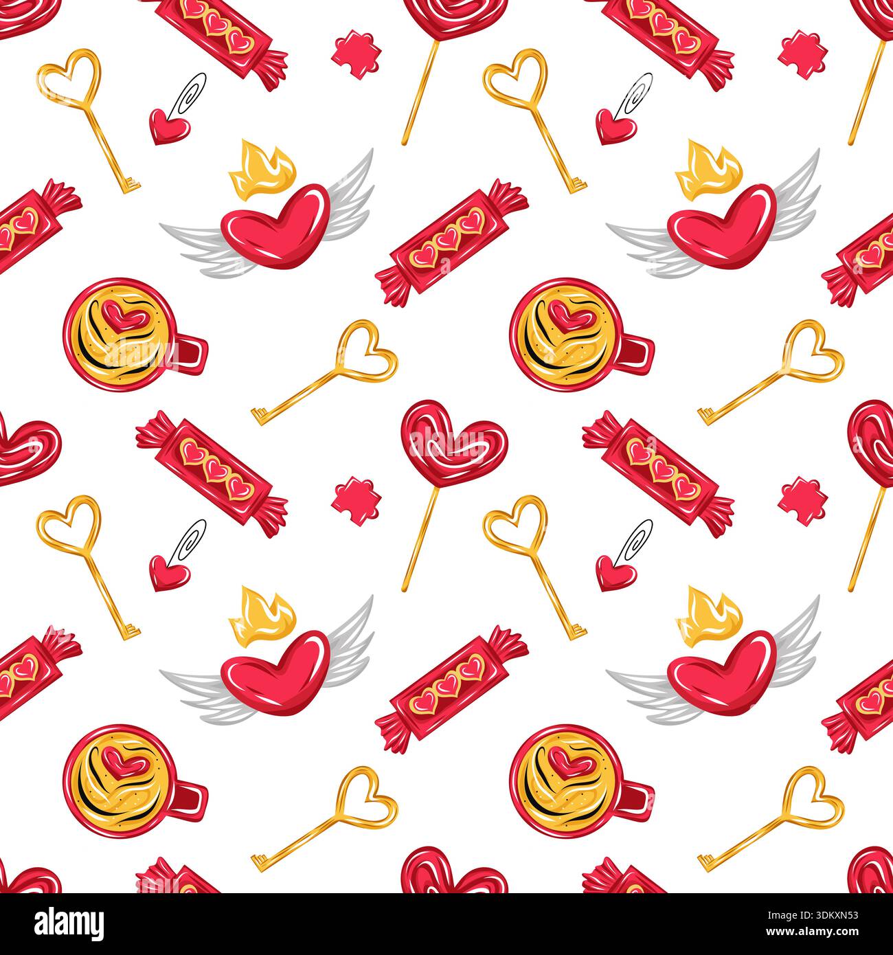 Modèle sans couture de Saint-Valentin avec des coeurs ailés, des clés dorées, des bonbons et une tasse à café. Vecteur. Illustration de Vecteur