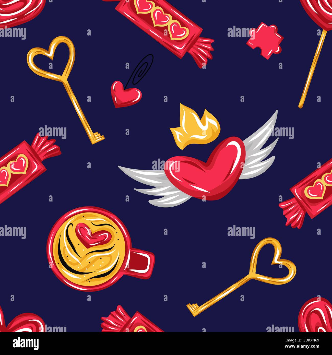 Modèle sans couture de Saint-Valentin avec des coeurs ailés, des clés dorées, des bonbons et une tasse à café. Vecteur. Illustration de Vecteur