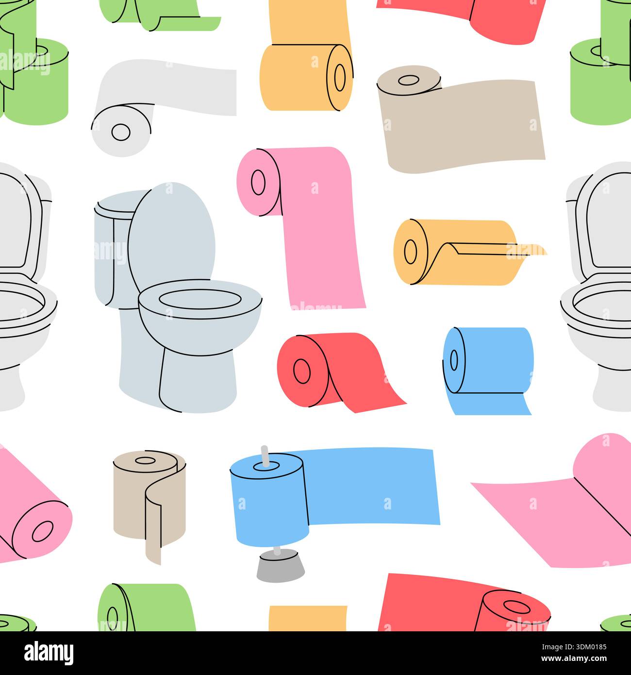 Modèle sans couture avec des rouleaux de papier toilette colorés et des cuvettes de toilette sur le vecteur de décor de salle de bain de fond blanc Illustration de Vecteur