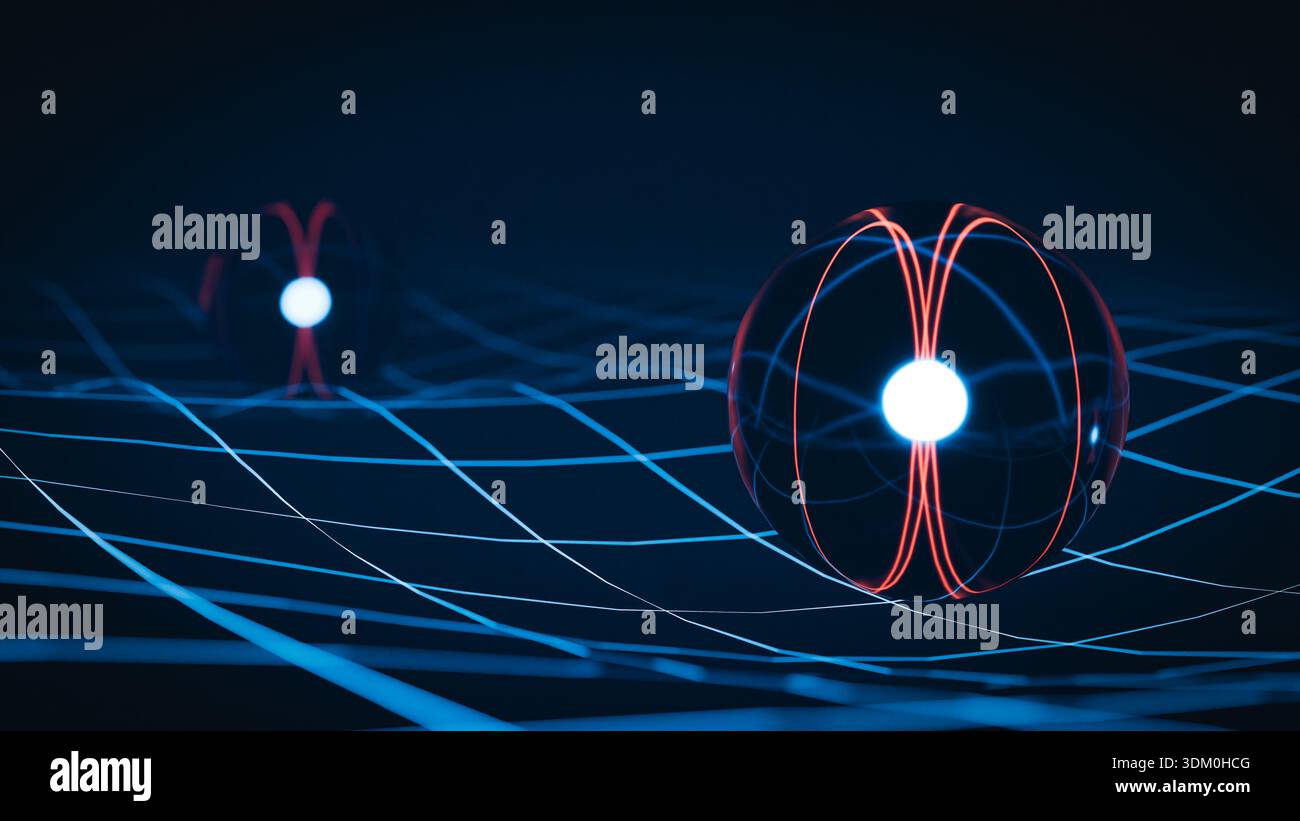 Mécanique quantique concept d'enchevêtrement Bleu grille arrière-plan Copier espace. rendu 3d. Banque D'Images