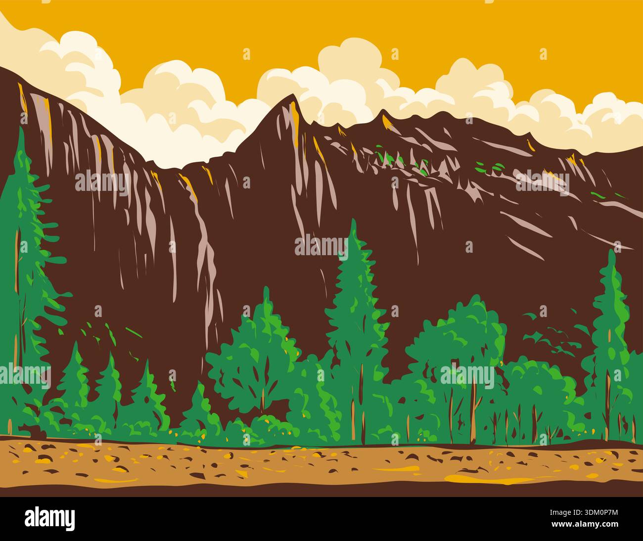 WPA affiche art de Bridalveil chute dans le parc national de Yosemite dans la vallée de Yosemite en Californie, États-Unis fait dans l'administration du projet de travaux. Illustration de Vecteur