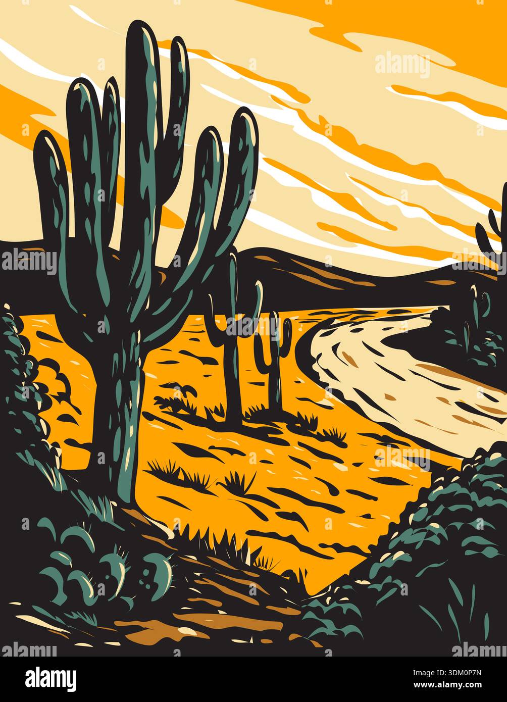 WPA affiche art du parc national de Saguaro situé dans le comté de Pima, sud-est de l'Arizona, États-Unis fait dans l'administration du projet de travaux. Illustration de Vecteur