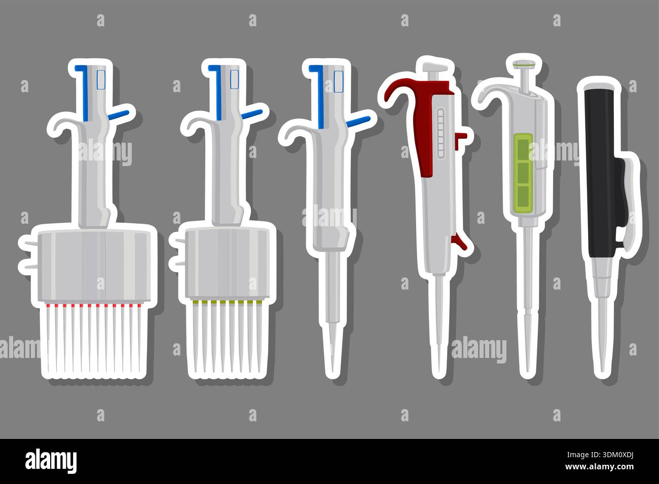 Illustration sur le thème grand kit différentes pipettes médicales, compte-gouttes pour laboratoire. Compte-gouttes à motif composé de nombreuses pipettes médicales de laboratoire à l'arrière Illustration de Vecteur