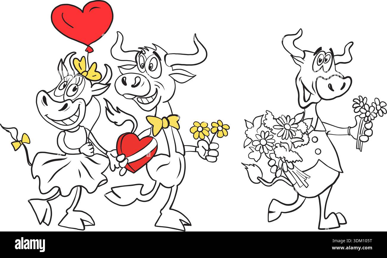 Personnages de taureau de dessin animé mignons dans l'amour et romantique Illustration de Vecteur