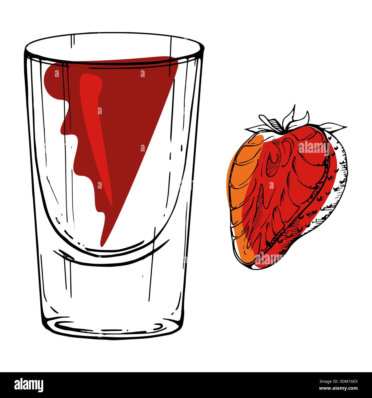 Cocktail rouge vif, jus de tomates ou de fruits, limonade avec garniture de fraise. Punch, boisson alcoolisée ou spiritueux servis dans un verre à liqueur. Dessiné à la main Illustration de Vecteur