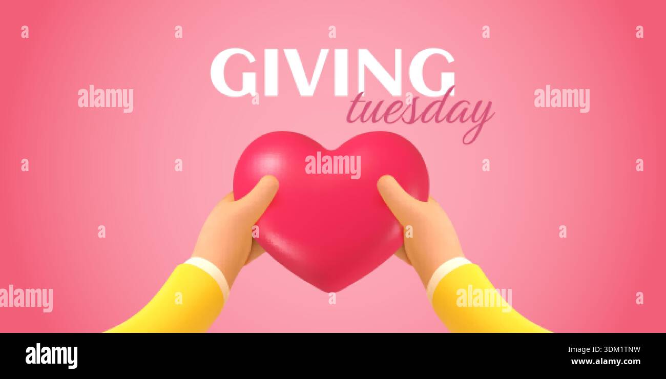 bannière de charité 3d. Les mains des donateurs tiennent le cœur rouge, donnant mardi affiche design bénévolat compassion concept de don solidarité sociale soutien familial aider à rendre illustration vectorielle illustration originale Illustration de Vecteur