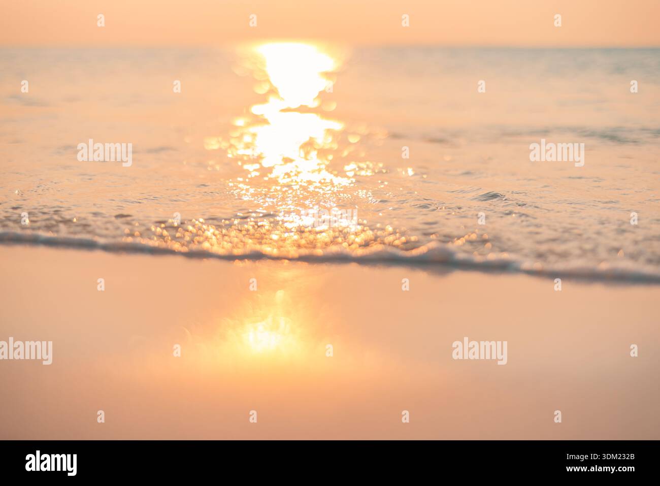 Plage rivage doré soleil reflétant vagues en gros plan magnifique paradis tropical destination de voyage à couper le souffle. Artistique surface de l'eau de l'océan calme lumineux Banque D'Images