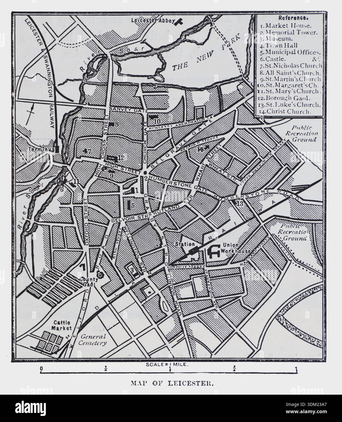 Carte du XIXe siècle de Leicester. Illustration en noir et blanc de notre propre pays vol 5 publié par Cassell, Petter, Galpin & Co à la fin du XIXe siècle. Banque D'Images