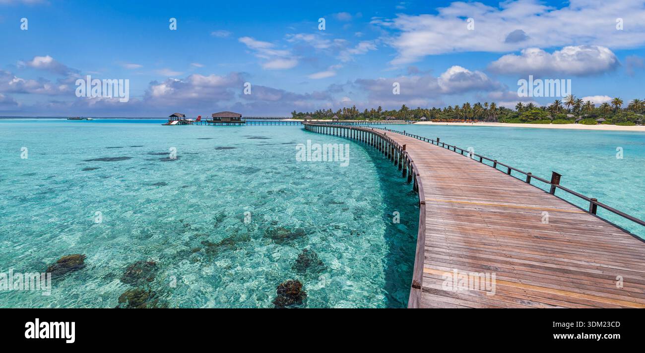 Maldives jetée incurvée large panoramique superbe turquoise calme océan serein paysage marin tropical paradis île de luxe destination de voyage palmiers luxuriants Banque D'Images