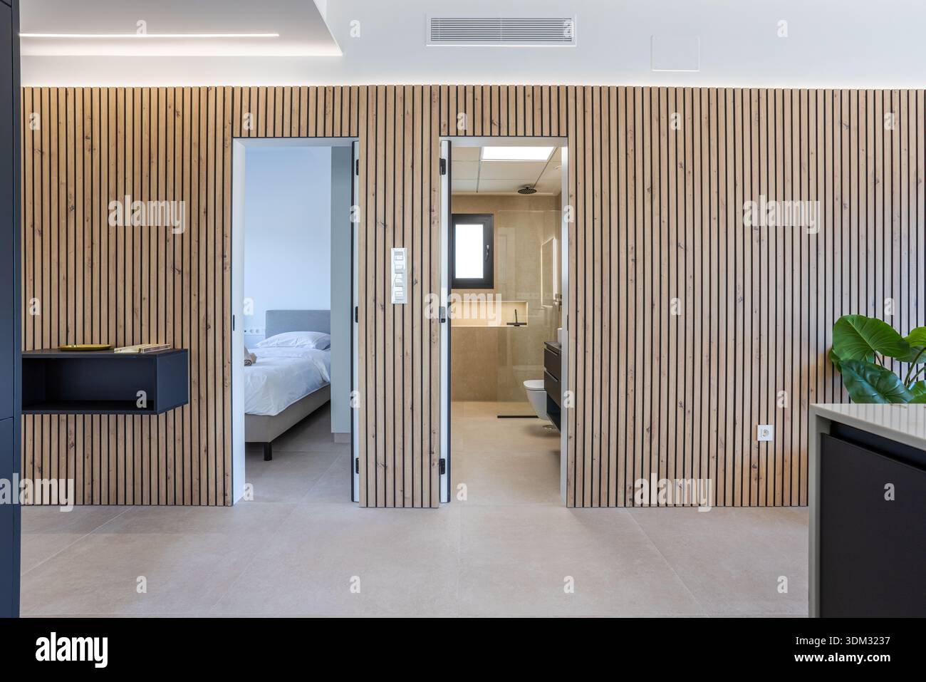 Plan intérieur avec couloir épuré avec entrée dans la salle de bains et la chambre Banque D'Images