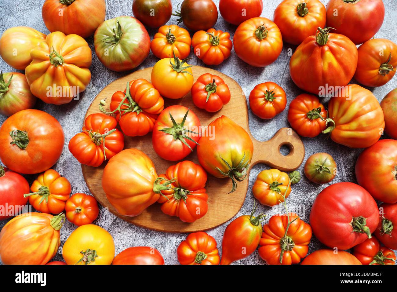 Tomates anciennes vibrantes récoltées sur une surface rustique Banque D'Images