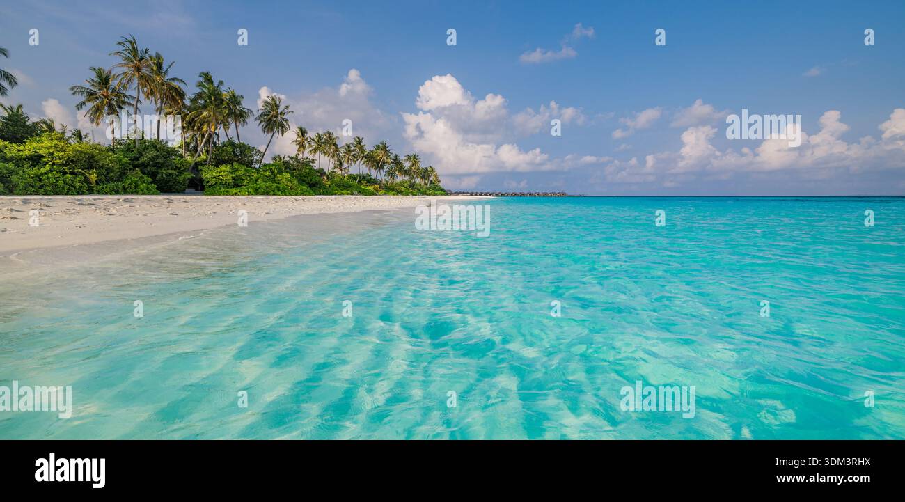 Pittoresque plage ensoleillée panoramique Maldives Ocean shore paysage de voyage incroyable fond de vacances magnifique paradis tropical île d'été Banque D'Images
