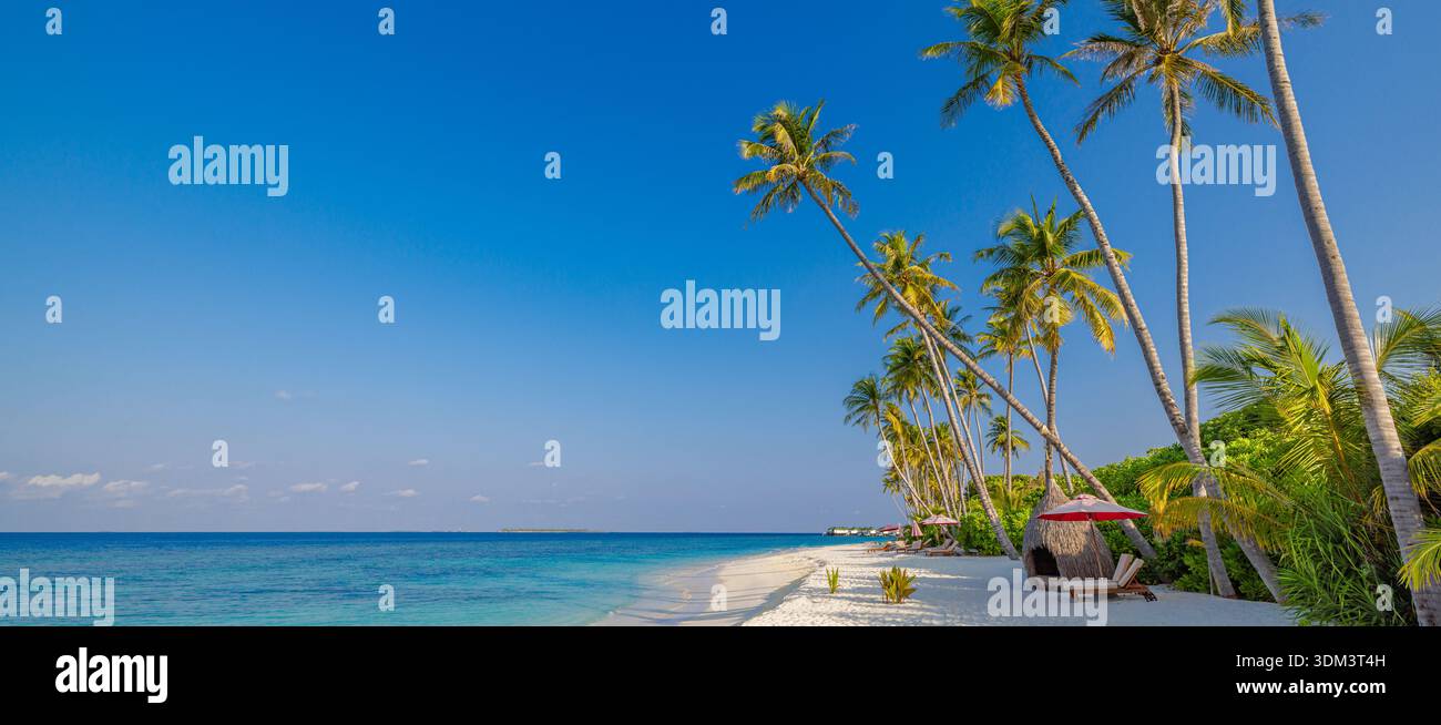 Exotique île tropicale plage chaises longues parasols palmiers océan panorama nature tranquille paysage luxe été voyage tourisme destination sereine Banque D'Images