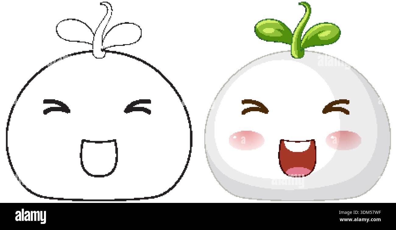 Deux versions d'un personnage de chignon blanc riant avec un germe vert sur fond blanc Illustration de Vecteur