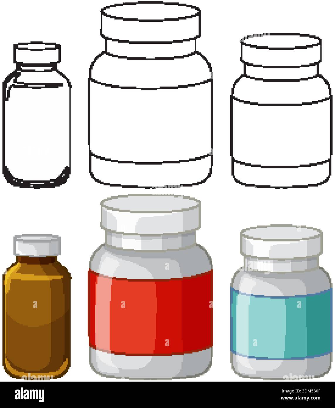 Illustration vectorielle de diverses bouteilles de pilules en dessin au trait et versions colorées sur fond blanc Illustration de Vecteur