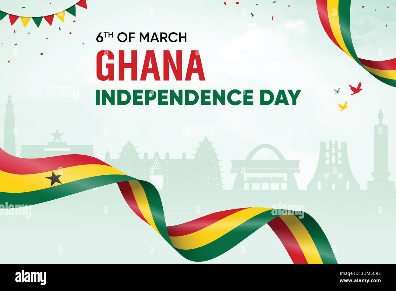 Drapeau du Ghana agitant sur fond de Skyline. Illustration vectorielle de conception de concept de jour de l'indépendance. Illustration de Vecteur