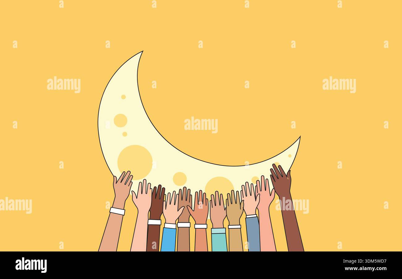Mains multiculturelles tenant le croissant de lune pour Ramadan Kareem et la célébration islamique de l'Aïd Moubarak Illustration de Vecteur