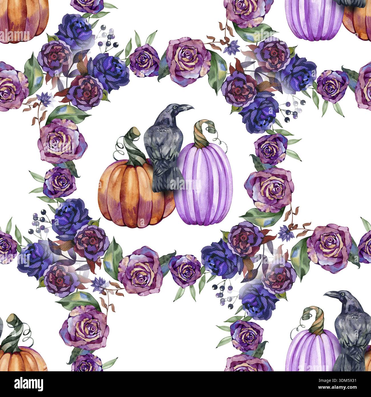 Motif aquarelle sans couture avec une grille carrée répétitive de couronnes roses violettes foncées. Chaque cadre floral renferme un corbeau noir perché entre un Banque D'Images
