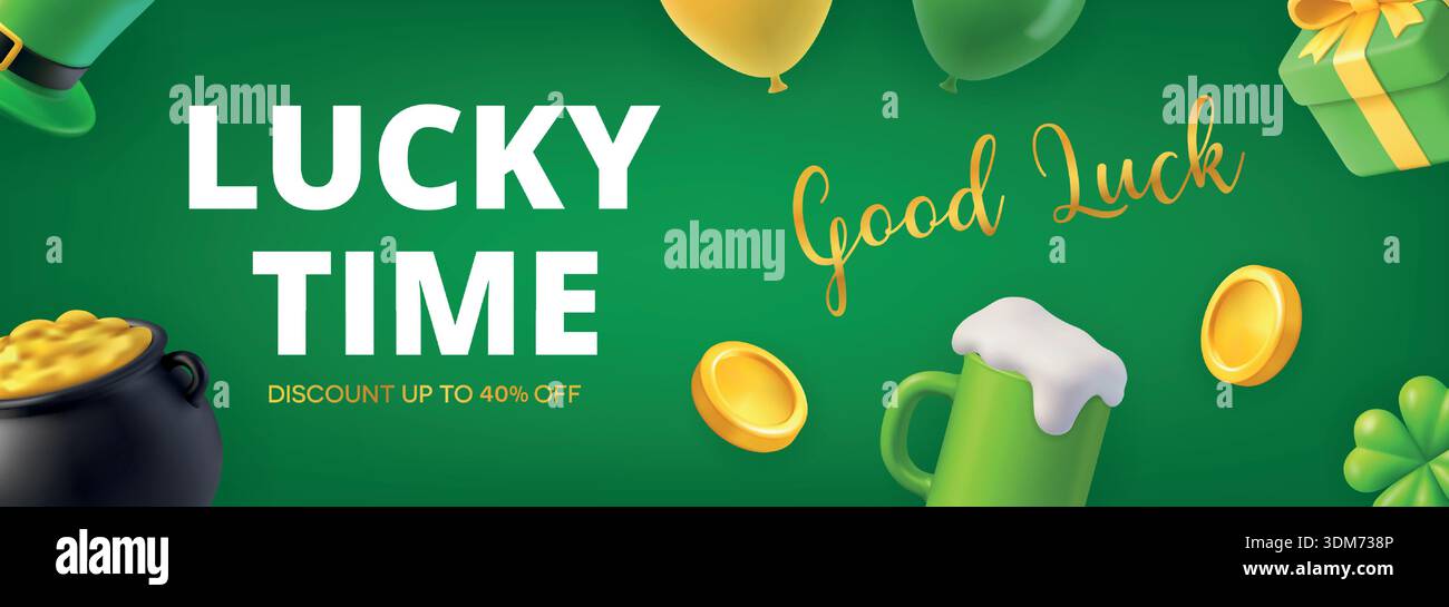 Lucky Time horizontal, bannière Patricks Day avec bière, pièces de monnaie, ballons et fond vert festif Illustration de Vecteur
