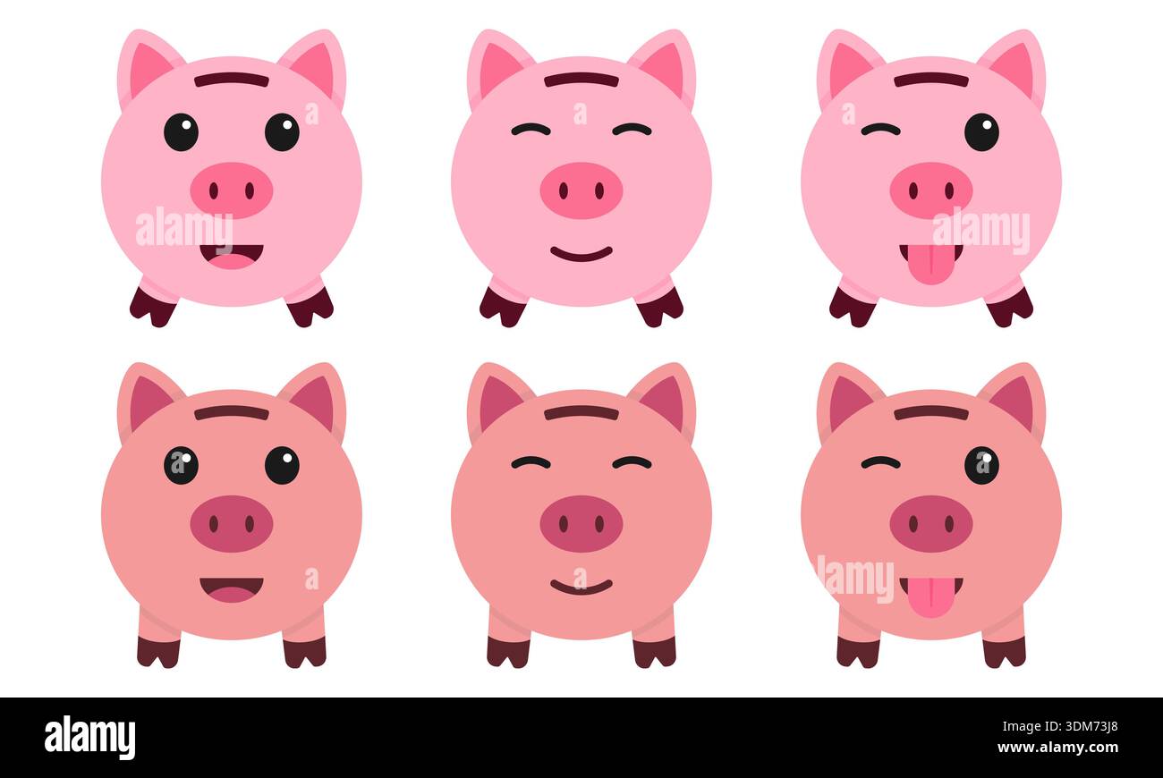 Jeu d'icônes de tirelire avec des expressions faciales mignonnes pour la finance et la banque Illustration de Vecteur