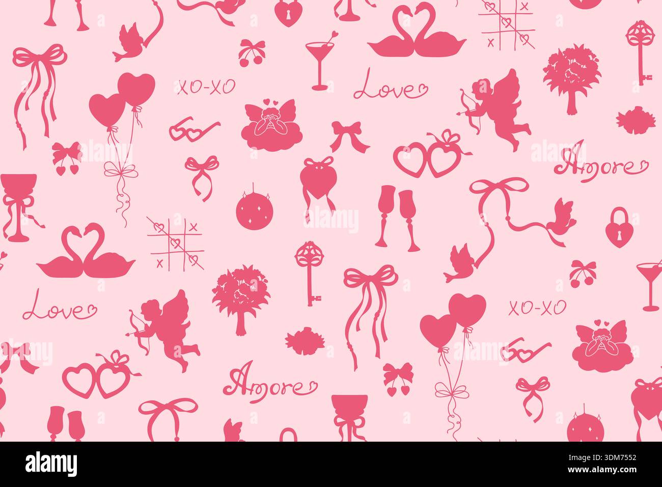 Fantaisiste motif sans couture Valentin style de silhouette dessiné à la main. Girly Elements Cupidon, coeurs, arcs, rubans, cocktails gâteau, cerises. Romantique vintage amour ludique élégant imprimé sans fin Illustration de Vecteur
