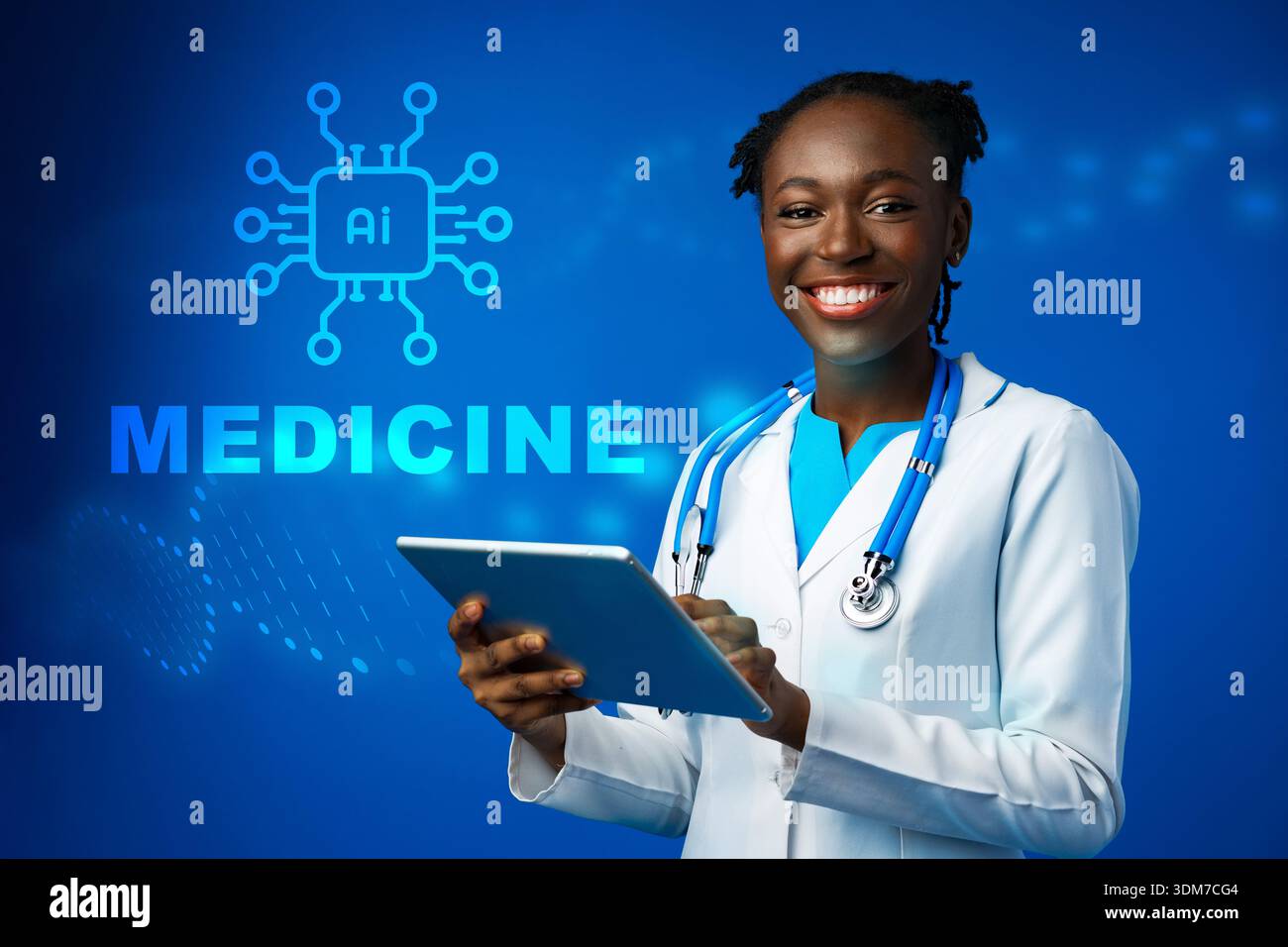 Jeune femme en manteau blanc tient une tablette avec des thèmes médicaux et IA en arrière-plan Banque D'Images