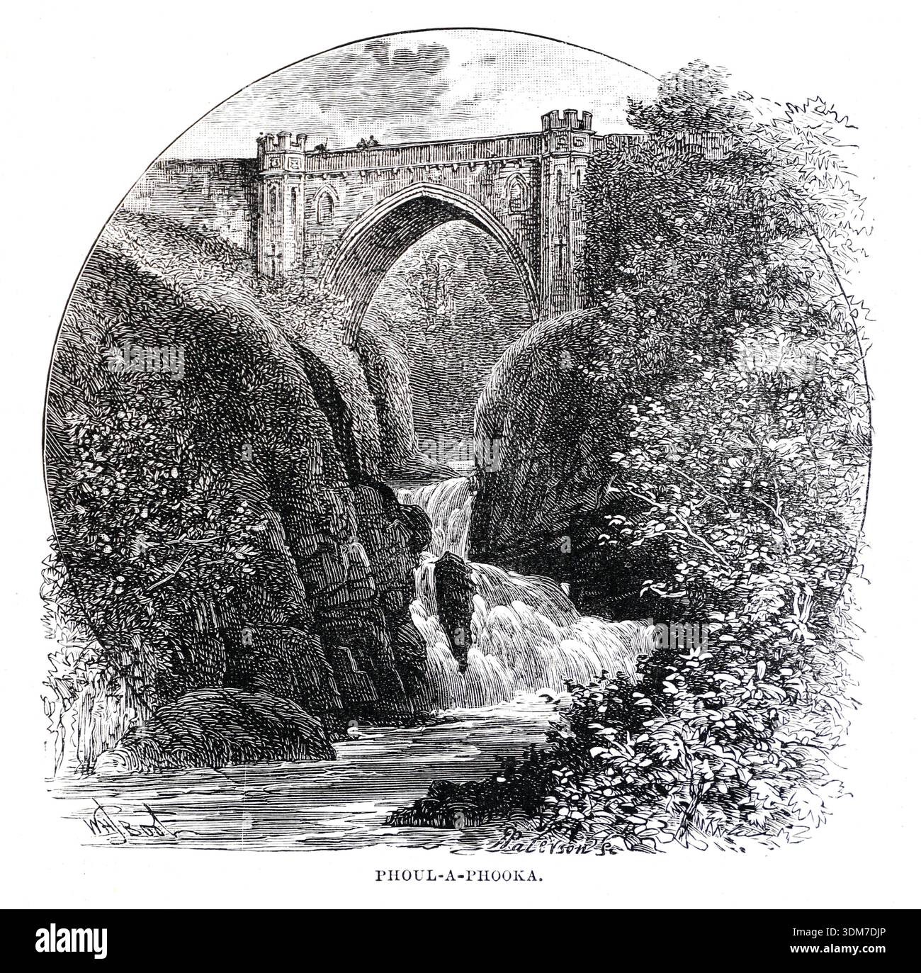 Poulaphouca (alias Poll an Phúca, Phoul-a-Phooka) signifiant « le trou de Púca », ou trou de Deamon, une cascade immédiatement à l'ouest du pont, réputée pour être un lieu de beauté au moins au XVIIIe siècle, qui a été perdu avec la construction du réservoir de Poulaphouca entre 1937 et 1947. Illustration en noir et blanc de notre propre pays vol 5 publié par Cassell, Petter, Galpin & Co à la fin du XIXe siècle. Banque D'Images