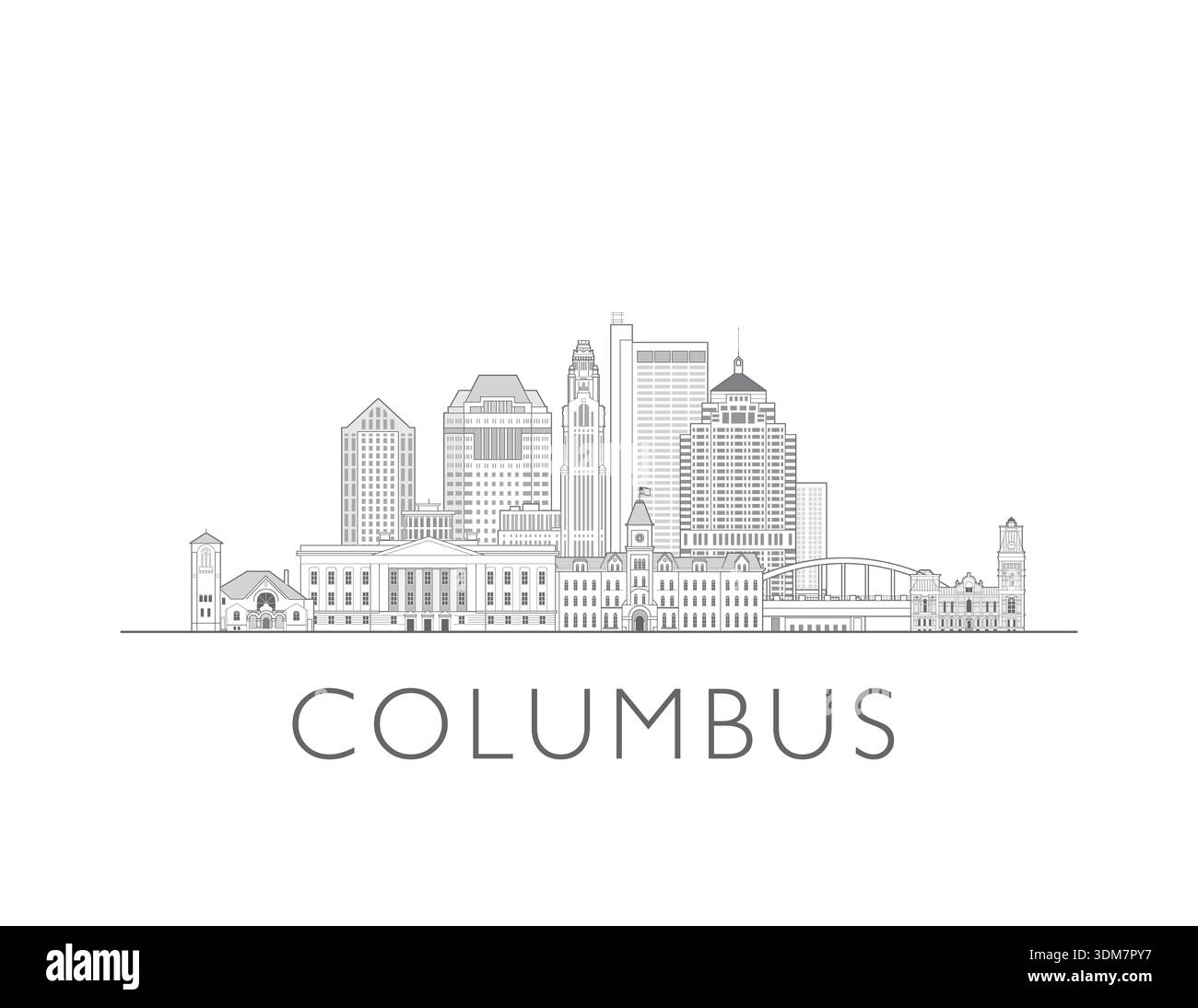 Columbus, Ohio skyline, États-Unis. Paysage urbain avec monuments et monuments. Illustration numérique dessinée à la main de la ligne d'horizon. Banque D'Images