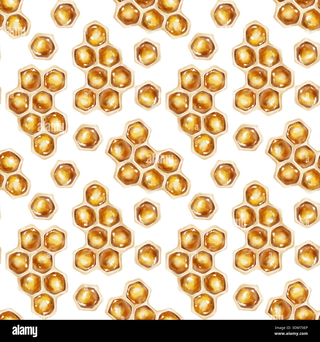 Motif aquarelle sans couture de nids d'abeilles remplis de miel doré dans une forme hexagonale. Parfait pour l'emballage, thé branding, tissu, décoration de cuisine, cosmet Banque D'Images