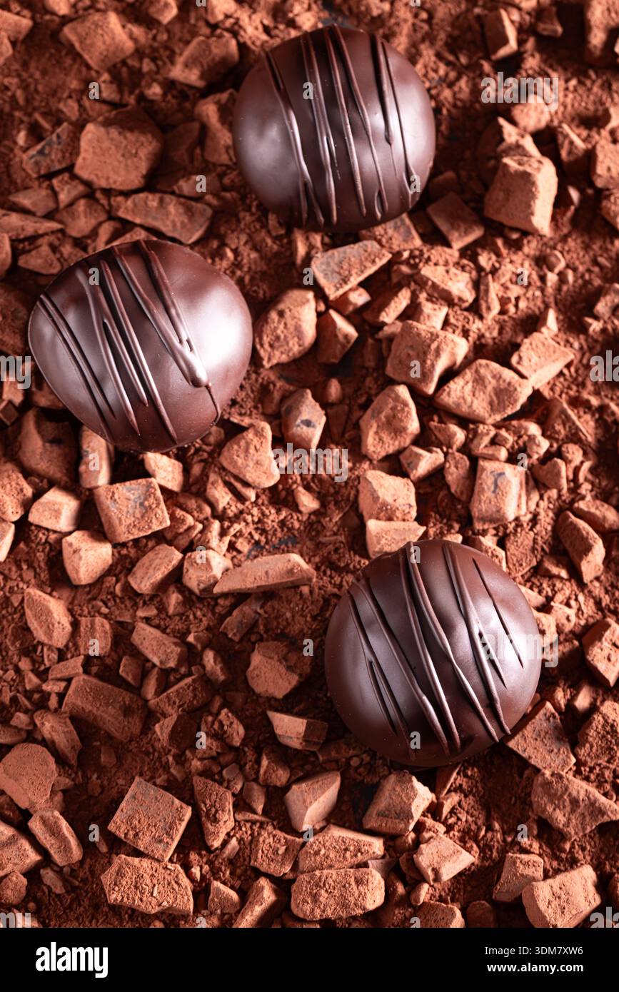 Praliné au chocolat noir à base de chocolat et de bonbon. Praliné sur fond chocolat et cacao. Banque D'Images