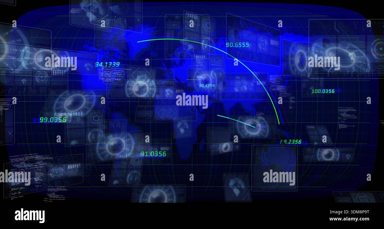 Affichage de la carte translucide et des panneaux HUD dans la salle de contrôle avec des arcs de trajectoire et des affichages verts Banque D'Images