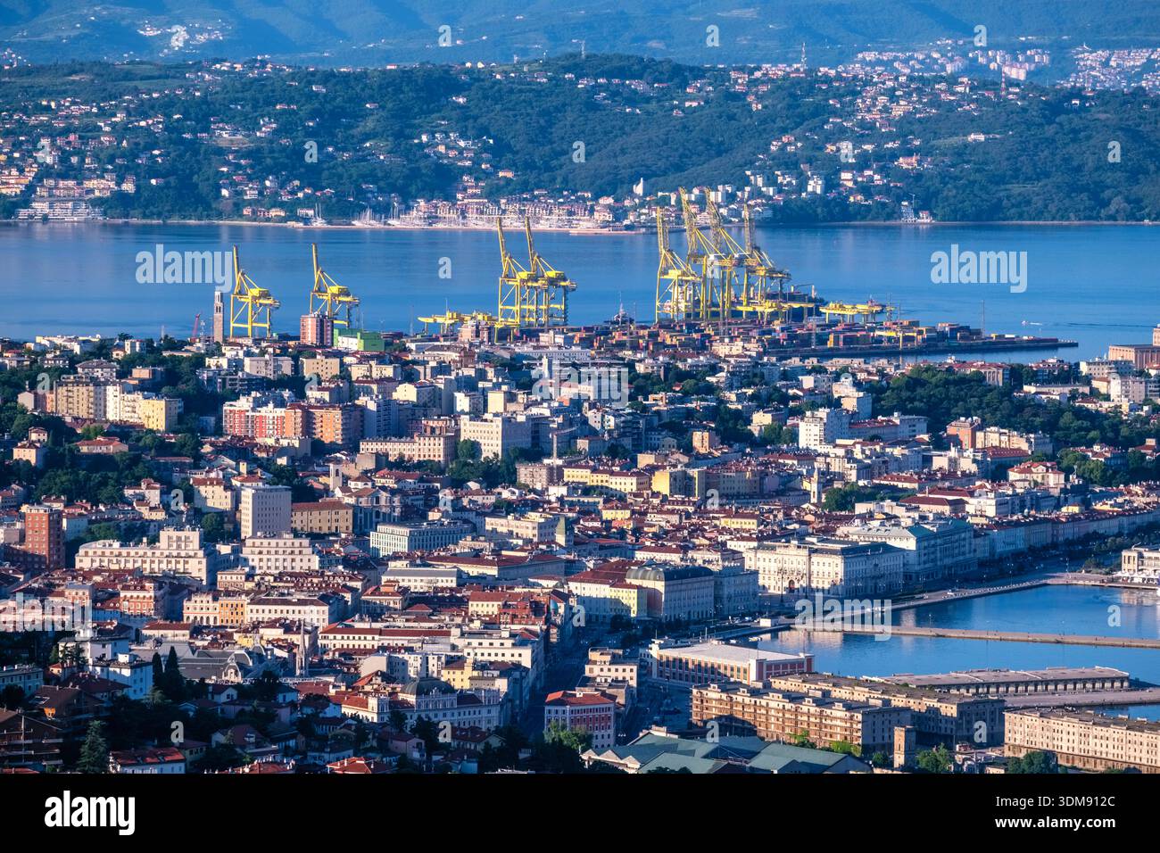 Vue panoramique sur le port de Trieste avec des grues à conteneurs jaunes et l'horizon de la ville. Le plateau karstique est visible au loin. Banque D'Images
