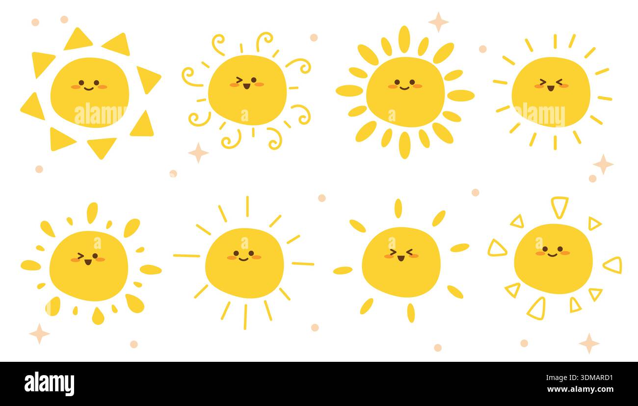 Soleil avec cliparts de dessin de faces définies. Yellow Sun avec visages clip art avec différents rayons de soleil doodle design pour la collection de personnages Sunny Day Cute Sun Illustration de Vecteur