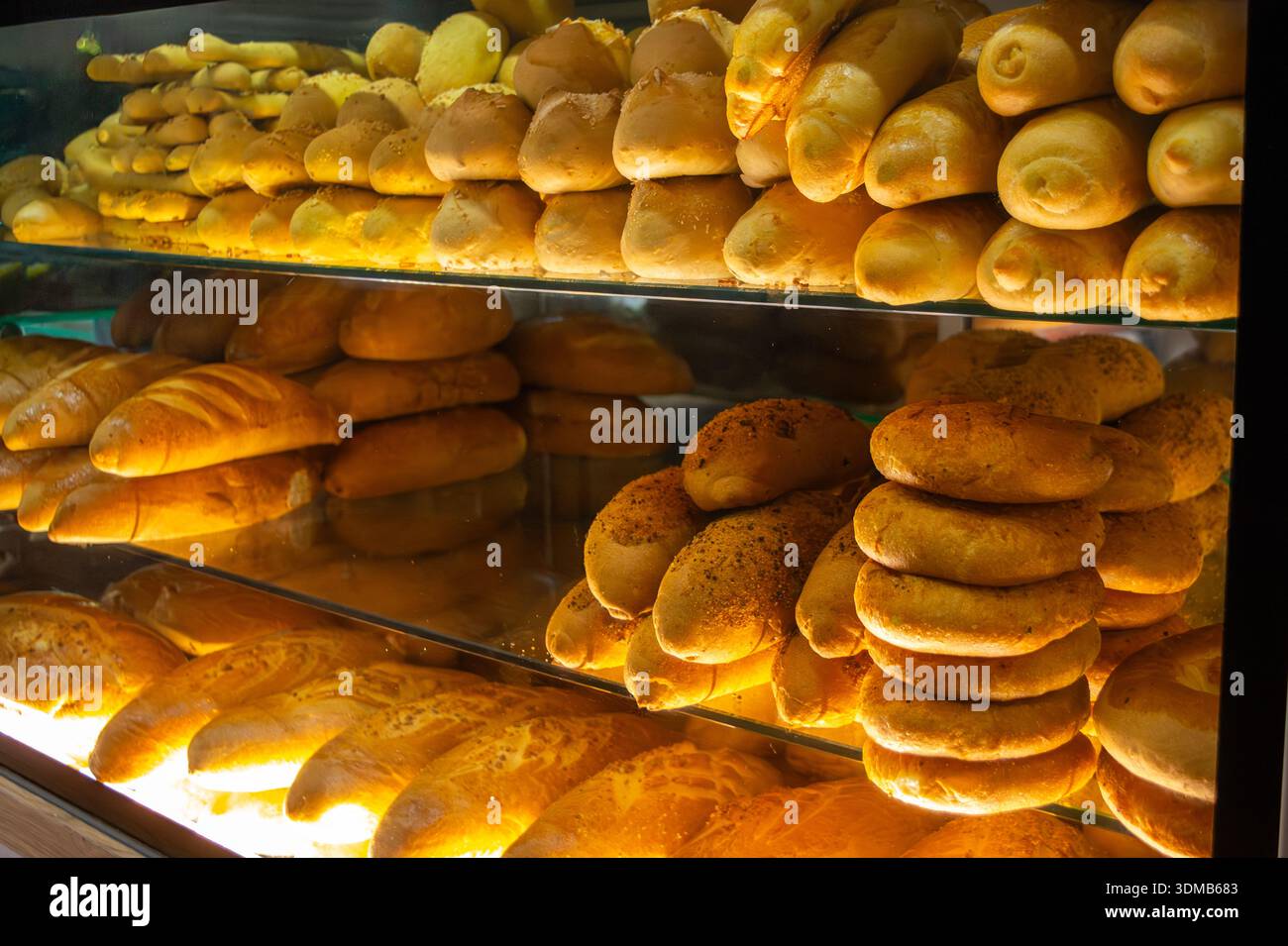 Une variété de petits pains dorés disposés soigneusement dans une vitrine en verre, présentant différentes formes et textures. Banque D'Images