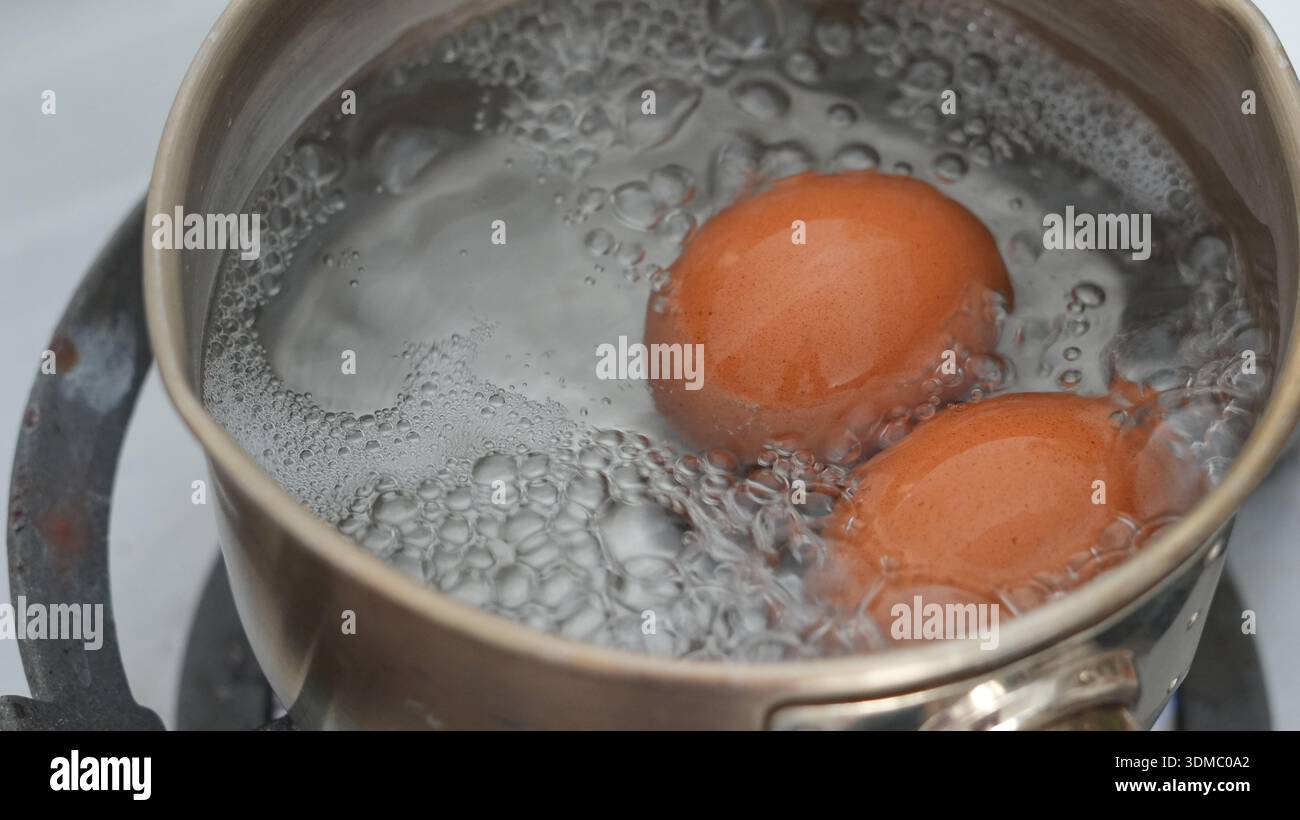 Œufs bouillants avec casserole en acier inoxydable pour le petit déjeuner Banque D'Images