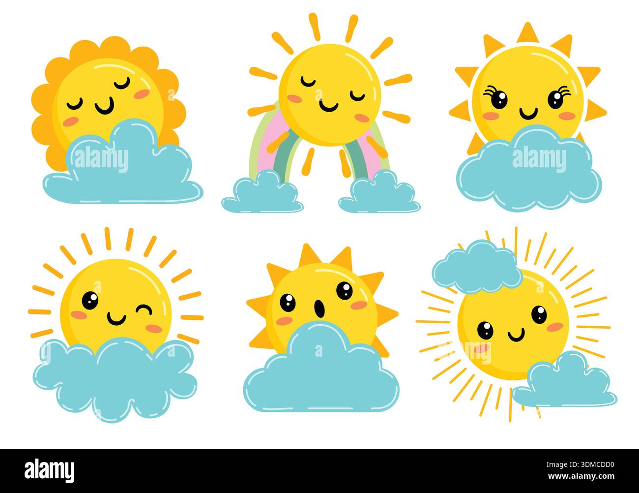 Soleil avec visages et cliparts nuages définis. Soleil avec des visages derrière le nuage clip art jaune Soleil caractères logotype dessin éléments vecteur de collection Illustration de Vecteur